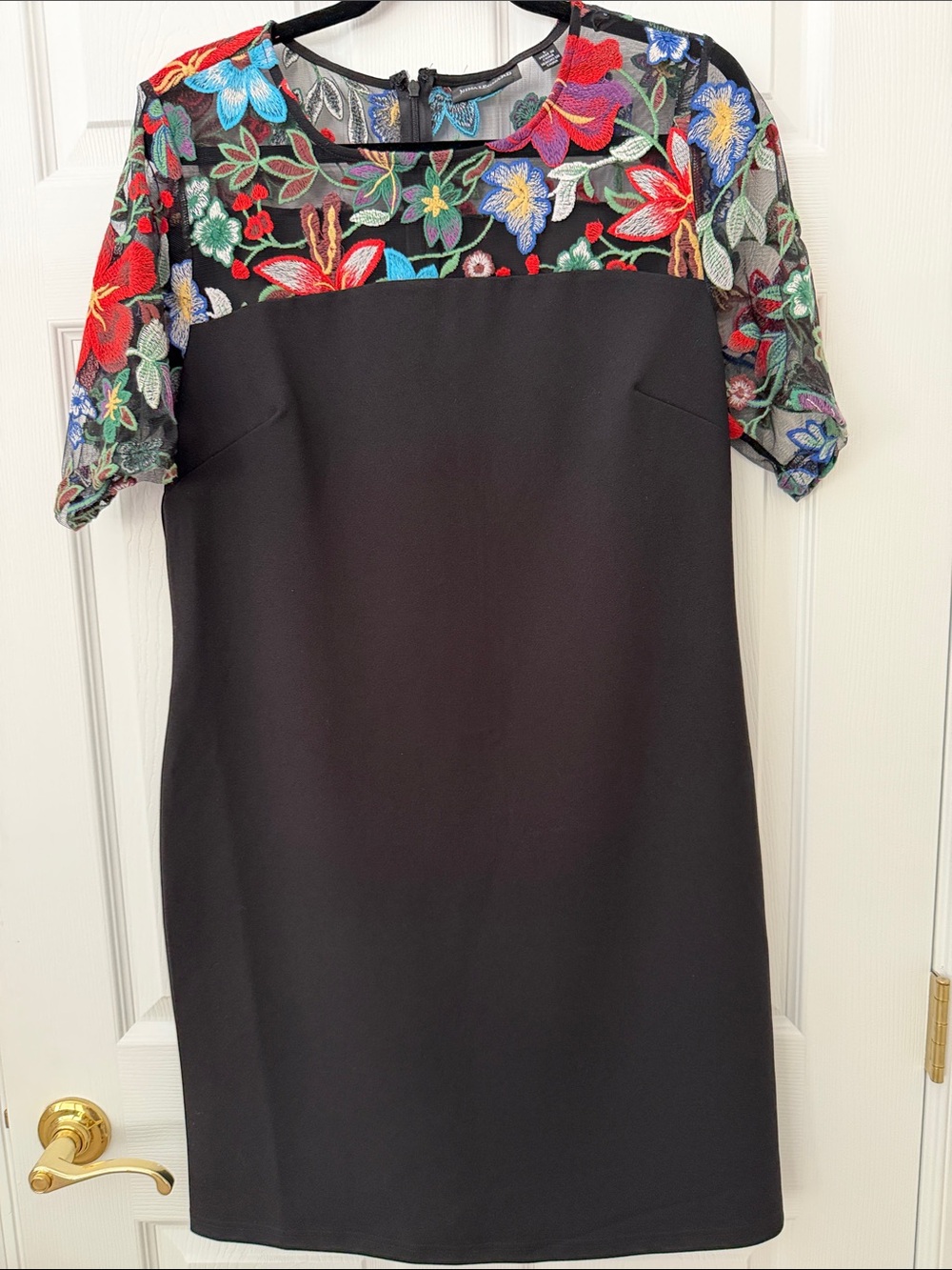 Nina Leonard Black Dress with Multicolor Floral Mesh Yoke